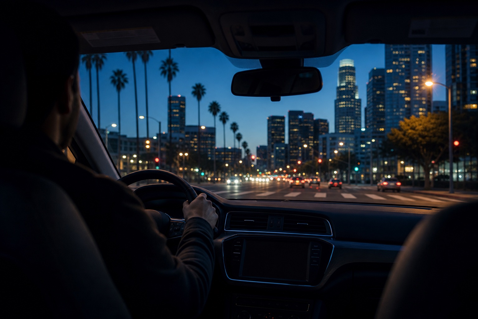 Rideshare driver navigating downtown Los Angeles at blue hour